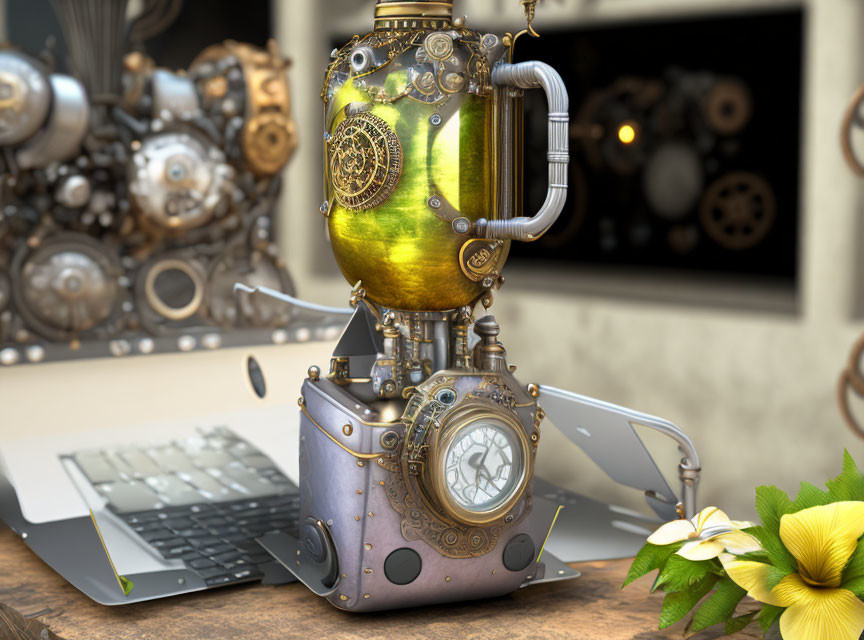 Steampunk-style teapot with metallic gears and clock on vintage computer monitor, next to laptop on