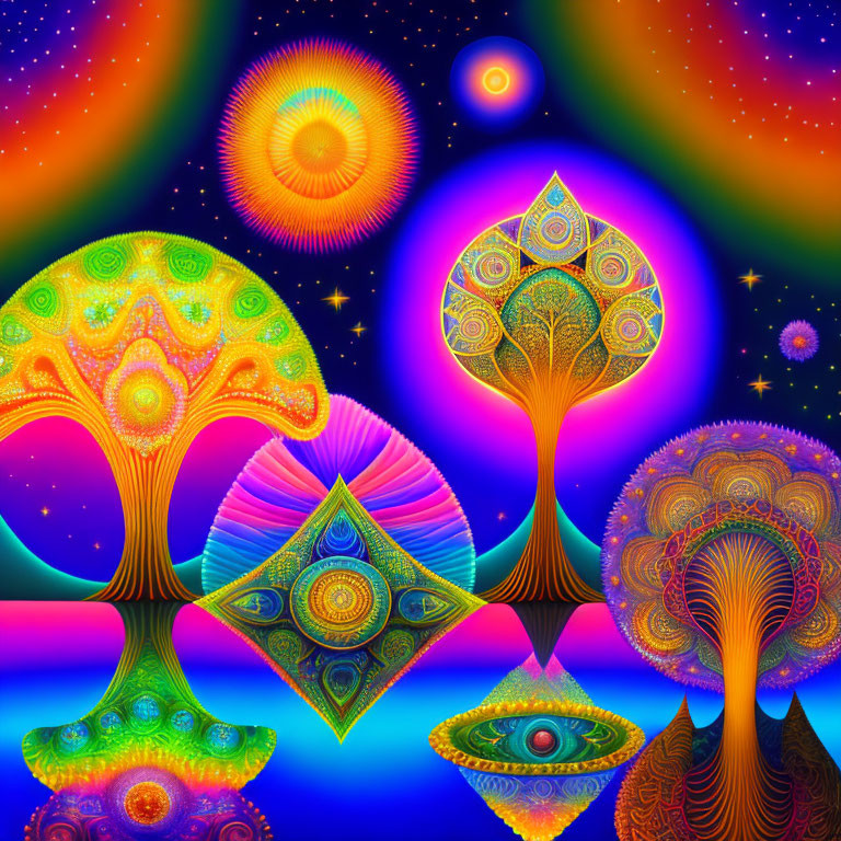 Colorful Psychedelic Tree Artwork with Celestial Bodies on Starry Background