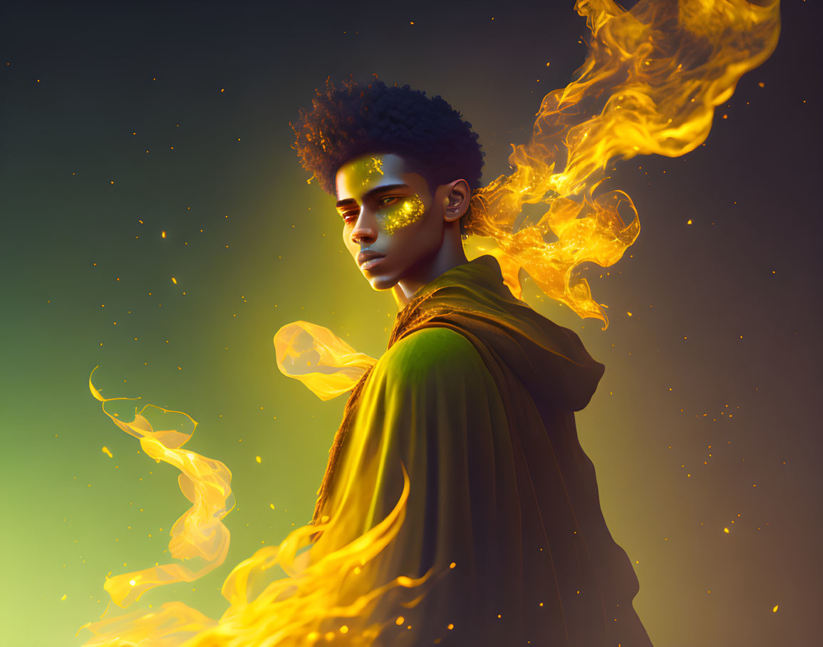 Digital artwork of person with intense gaze surrounded by flames and particles