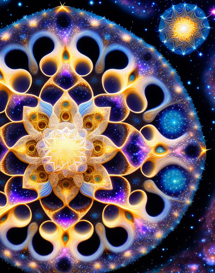 Fractal mandala digital artwork in gold and blue hues on cosmic backdrop