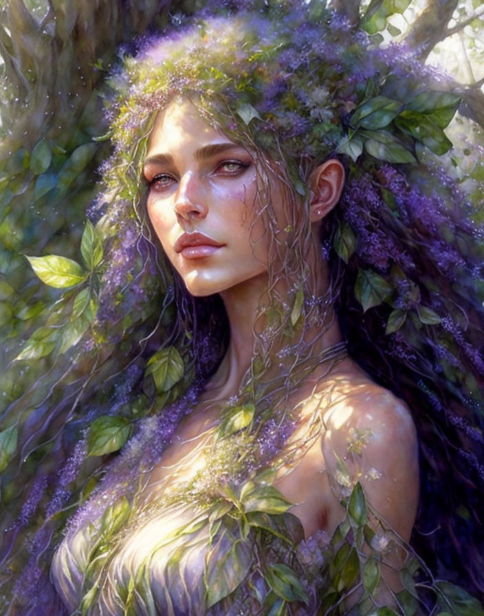 Portrait of serene woman with floral hair in sunlit forest