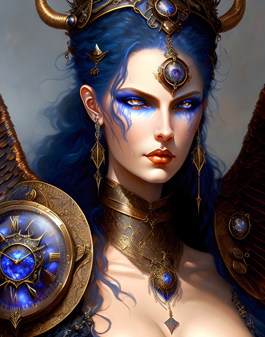 Digital artwork: Woman with blue skin, golden jewelry, blue eyes, clockwork accents