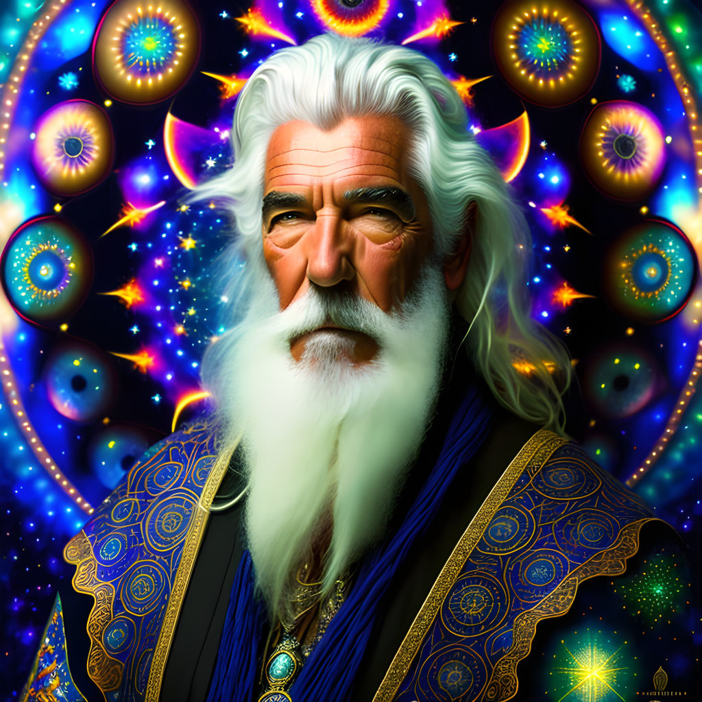 Elderly man in blue robe with mystical symbols on cosmic backdrop