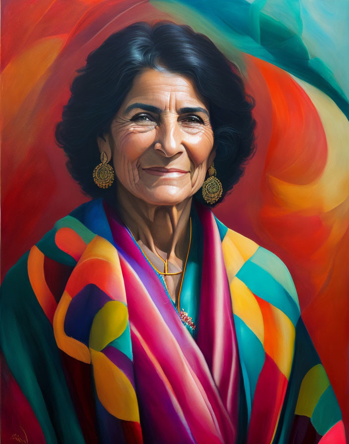 Elderly woman with warm smile in colorful shawl and gold earrings