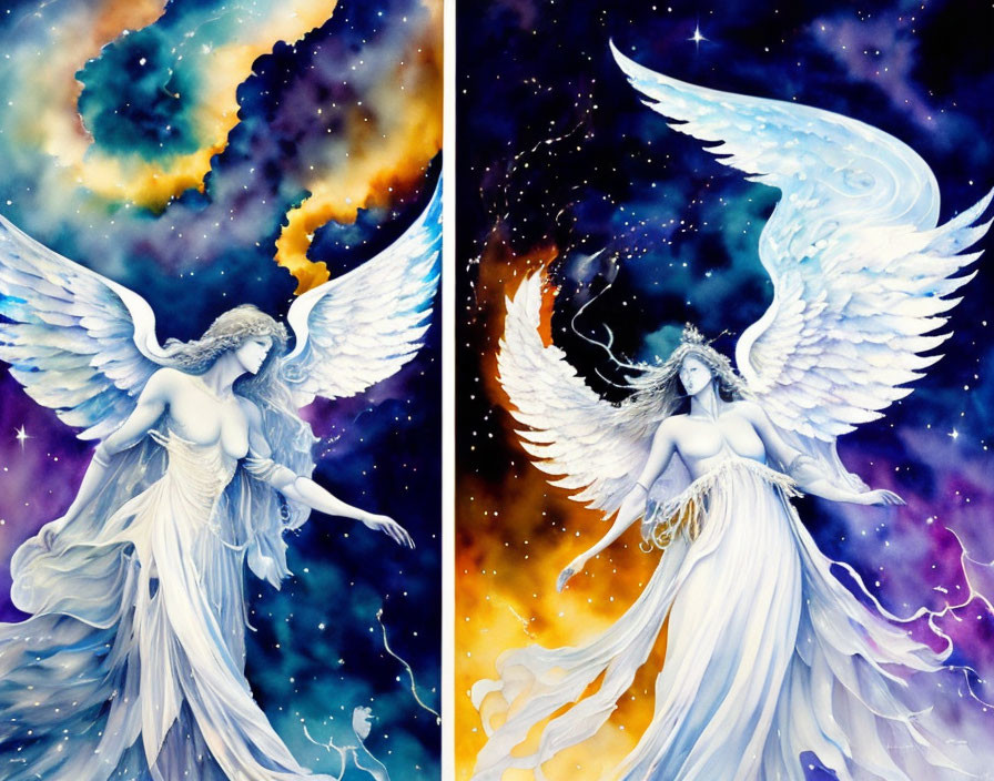 Celestial beings with wings in warm and cool cosmic settings