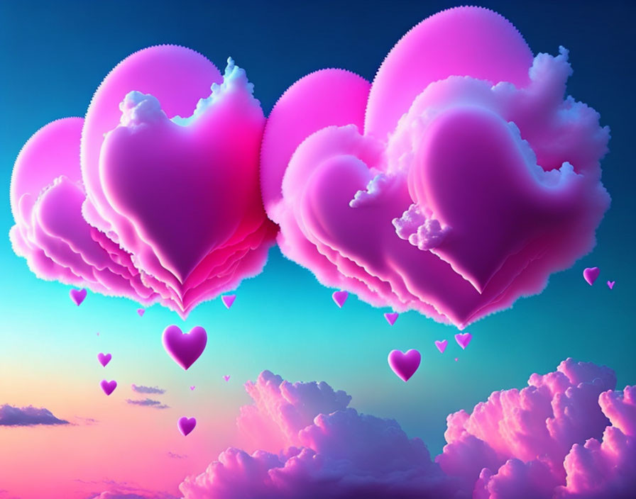 Heart-shaped clouds in pink and purple hues against a serene sky