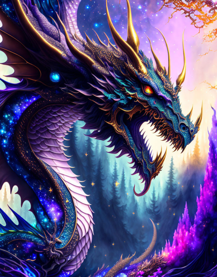 Majestic blue and purple dragon overlooking magical forest at twilight