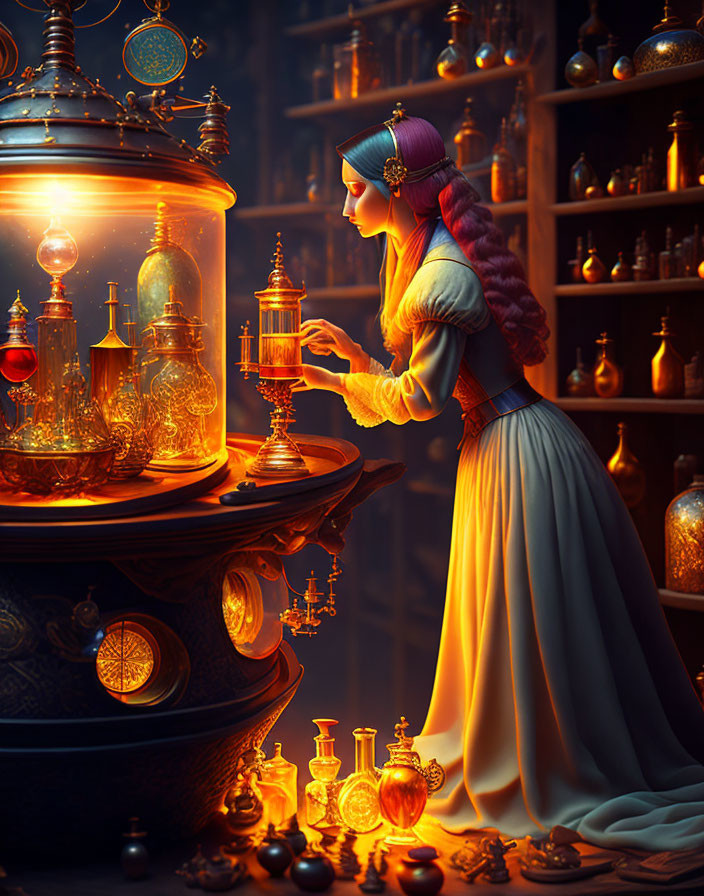 Medieval woman practicing alchemy in mystical workshop