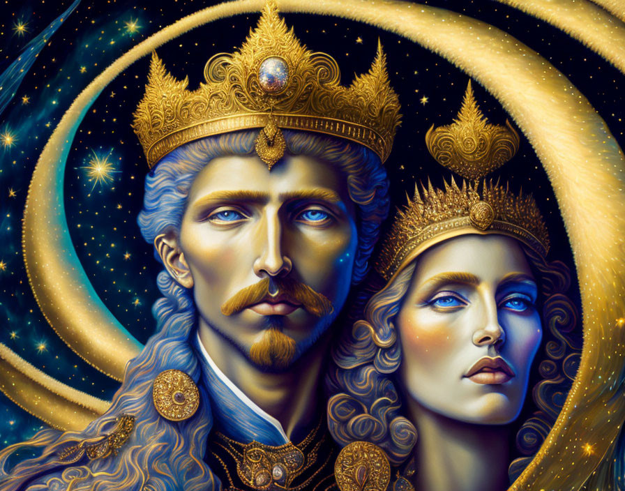 Royal King and Queen in Golden Crowns and Regal Attire Amid Cosmic Background