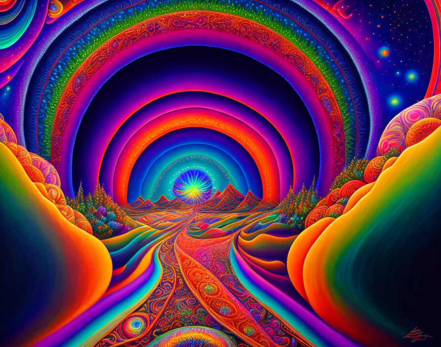 Colorful Psychedelic Artwork with Wavy Patterns and Starry Sky