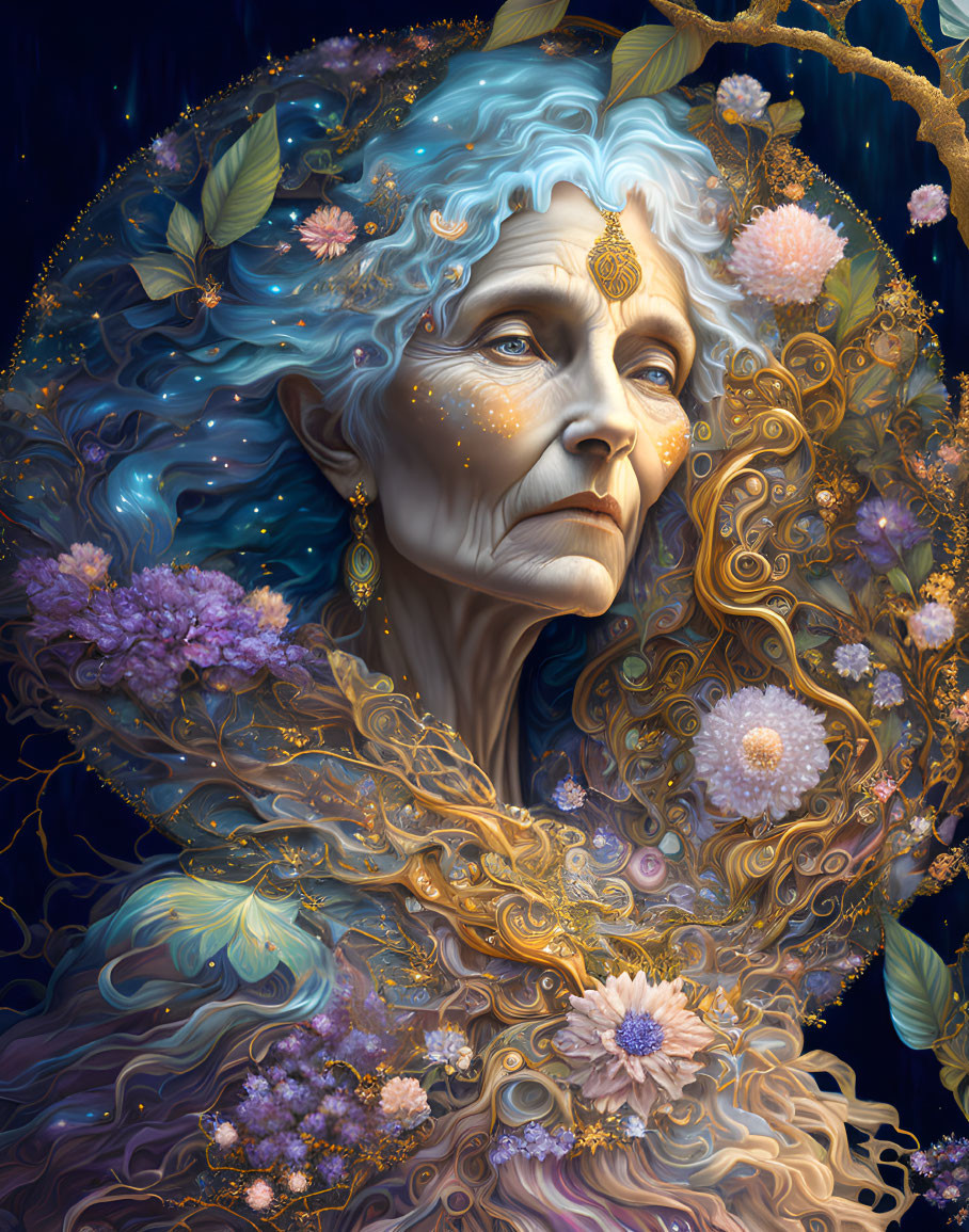 Ethereal elderly woman with silver hair and golden adornments among luminous flowers