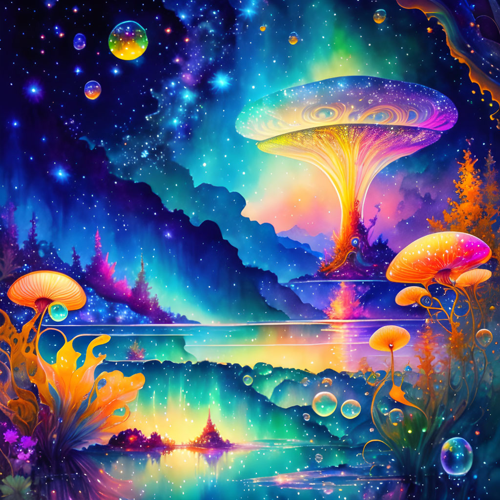 Colorful surreal landscape with luminescent mushrooms, star-filled sky, nebulae, glowing plants