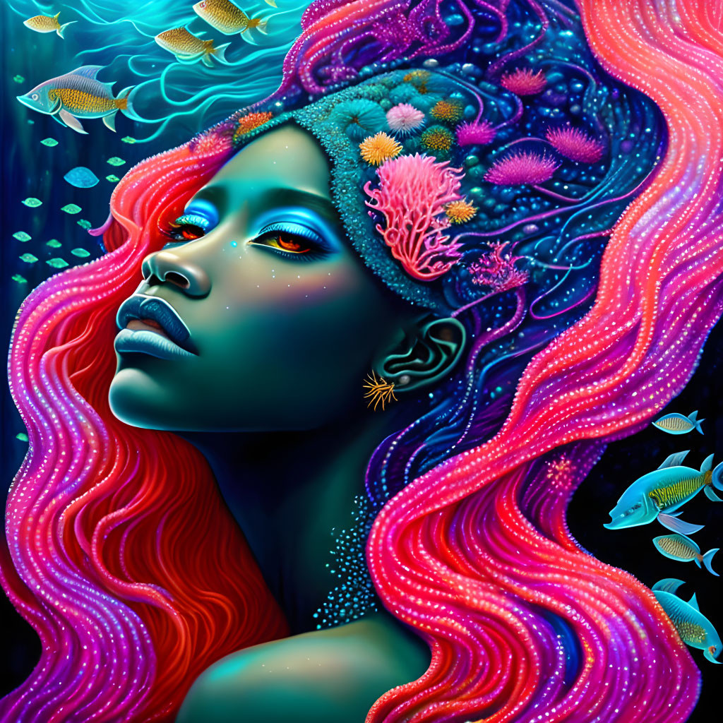 Illustration of woman with marine-themed hair, coral, fish, and oceanic elements