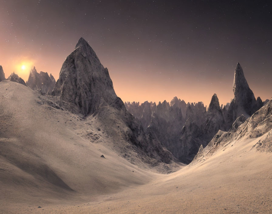 Snow-covered mountain landscape at twilight with rugged peaks and starlit sky