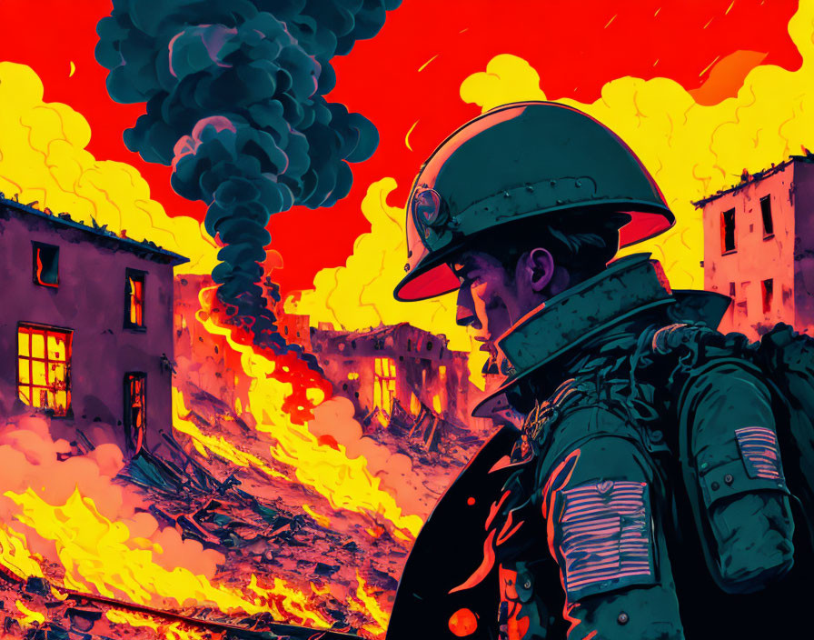 Soldier in uniform witnessing blazing inferno under red and orange sky