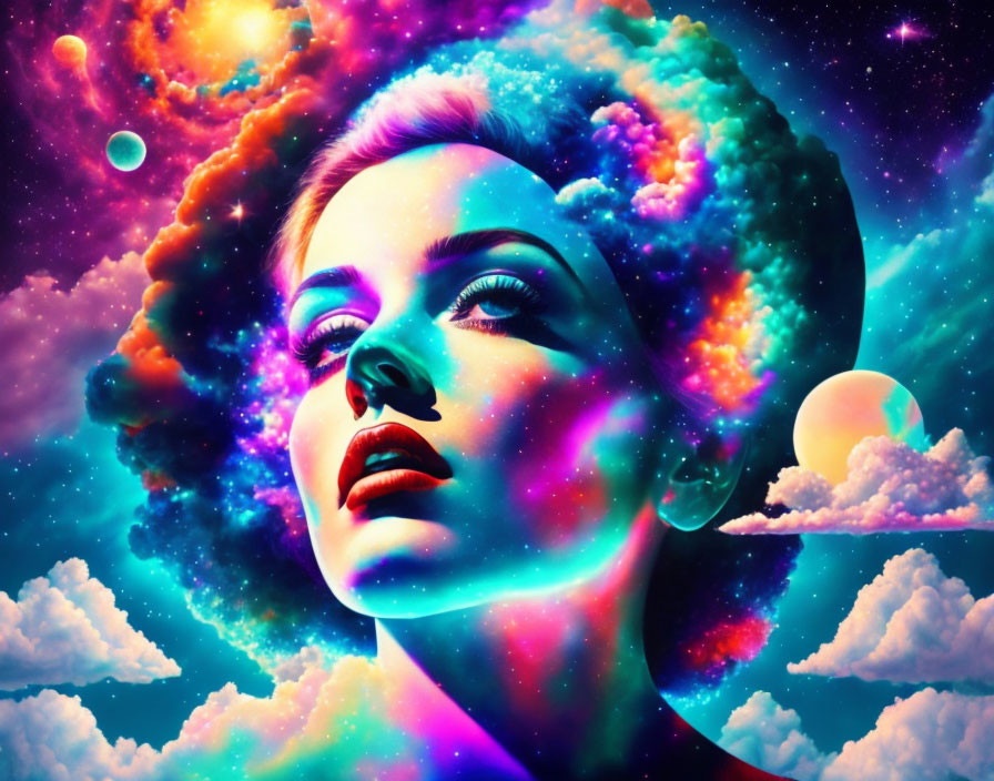 Colorful cosmic portrait blending woman's face with nebulas and stars