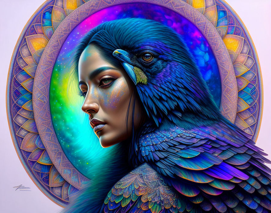 Detailed Woman Profile Blended with Blue Raven on Colorful Mandala Background