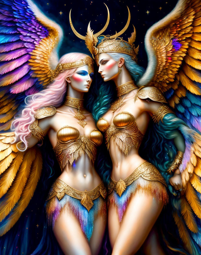 Ethereal women in golden crowns and armor with colorful wings