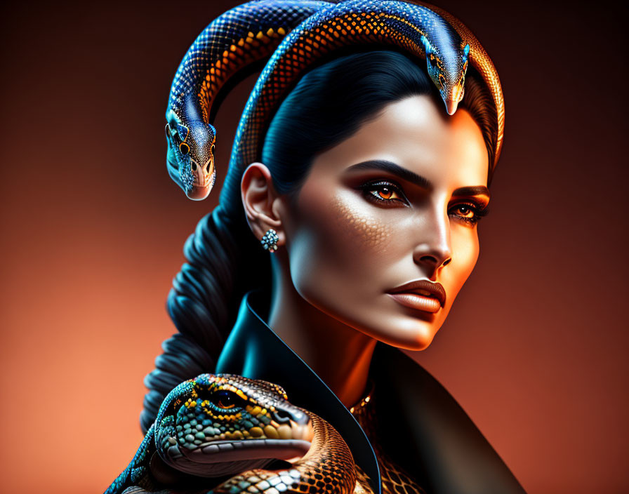 Woman with bold makeup and snake-adorned braided hair on amber background