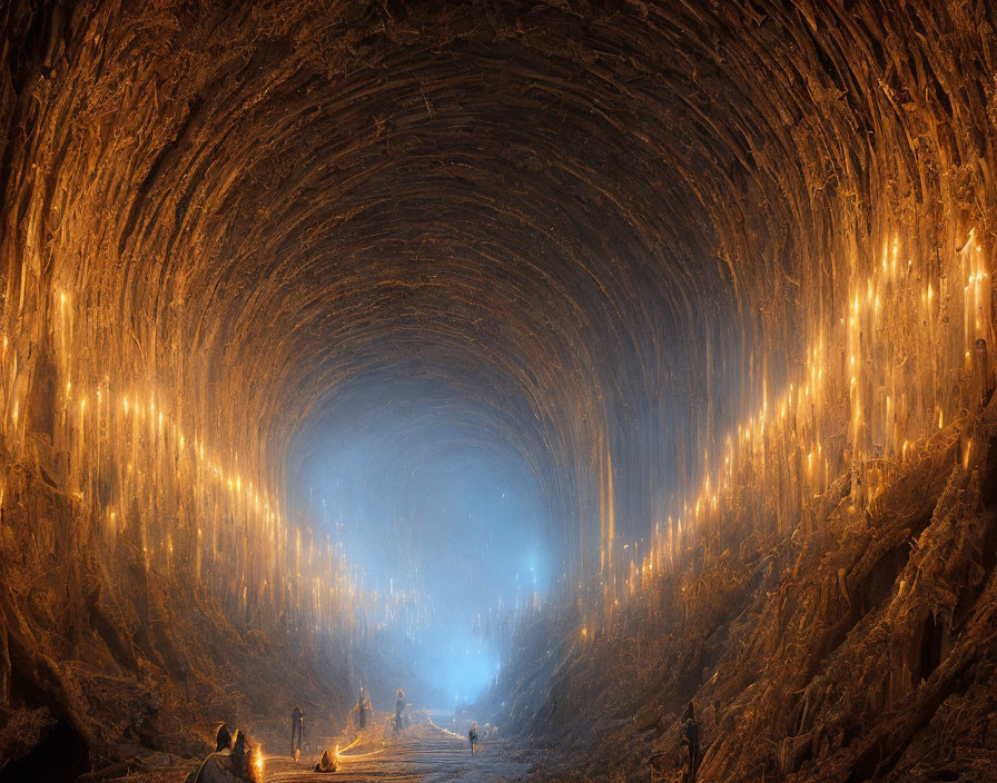 Mystical cave with hanging lights and distant figures in blue ambiance