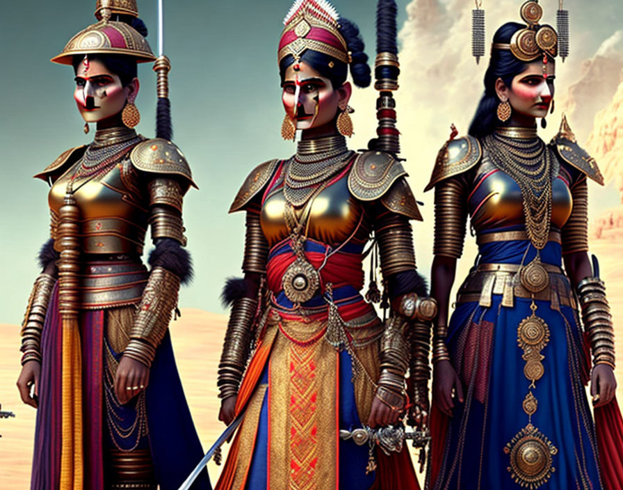 Three women in ornate medieval armor with helmets and spears, standing confidently in desert scenery