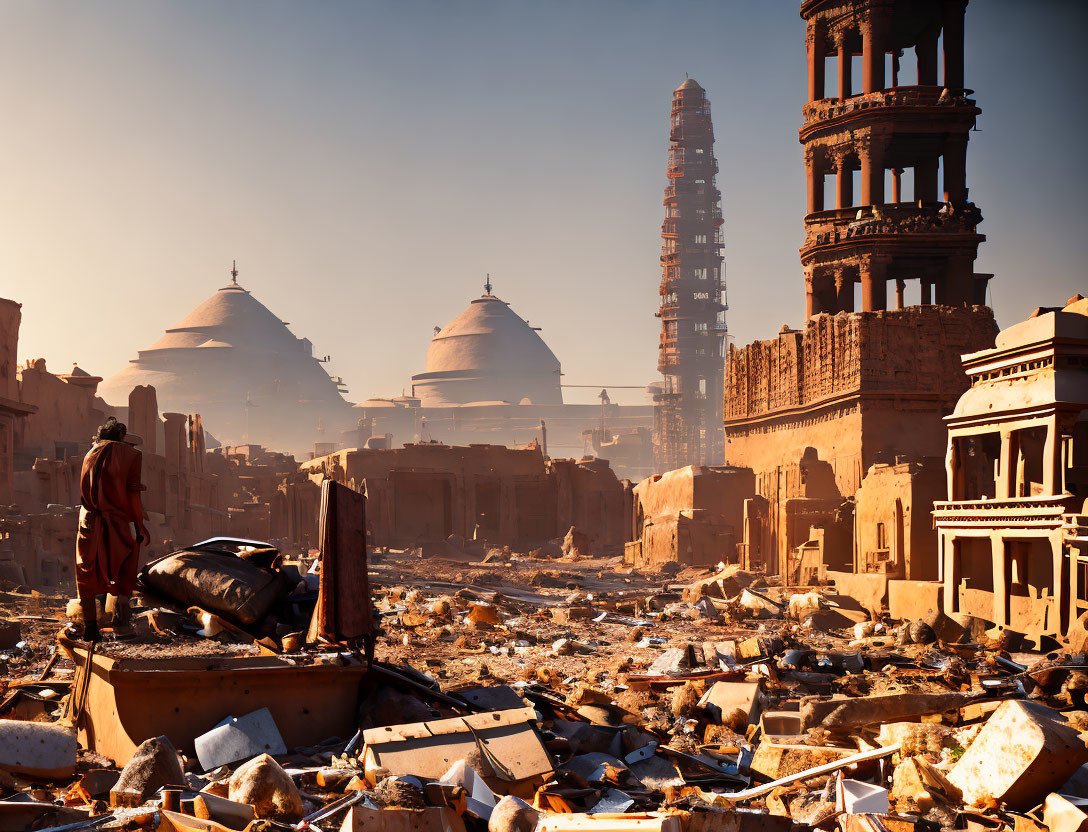 Desolate city scene with lone figure among ruins