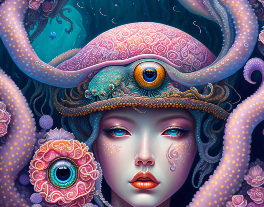 Colorful Oceanic Illustration: Woman with Octopus on Head