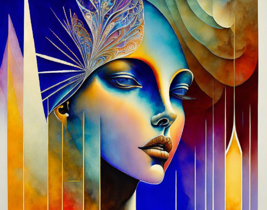 Vibrant abstract painting of woman's face with decorative headdress