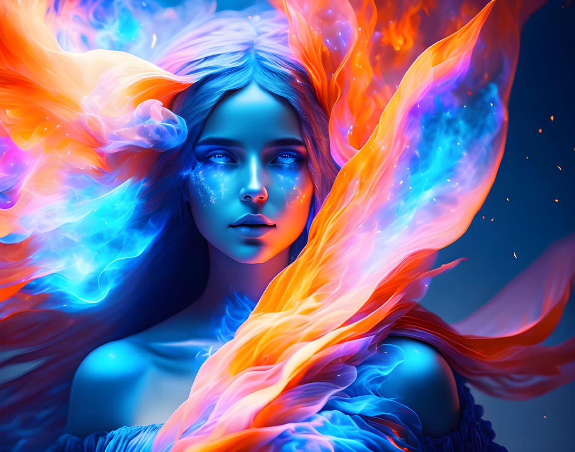 Vibrant surreal portrait of woman with fiery hair on cosmic blue background