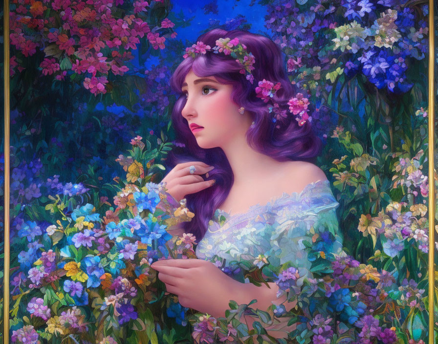 Woman with Purple Hair in Floral Garden Setting