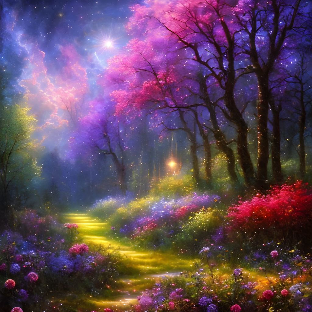 Enchanting forest path with purple and pink trees under starry sky