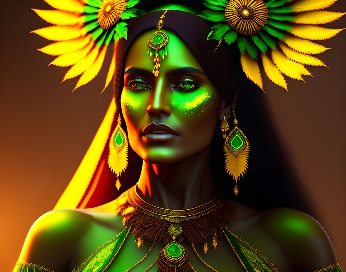 Woman with Glowing Green Makeup and Ornate Gold Headdress Illustration