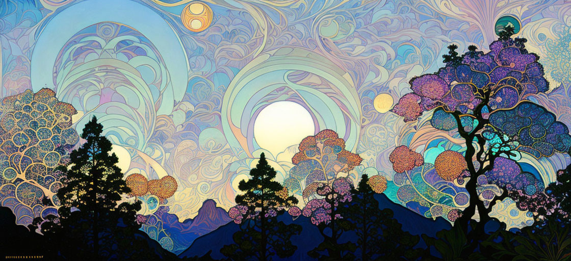 Colorful Psychedelic Landscape with Tree and Swirling Patterns