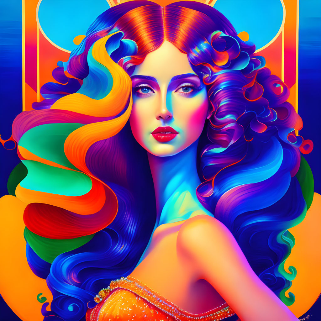 Colorful illustration of a woman with multicolored hair and blue eyes on gradient background