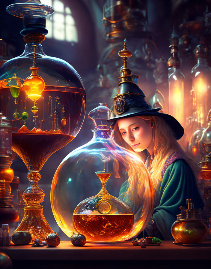 Wizard in Hat Observing Glowing Orb in Alchemical Laboratory