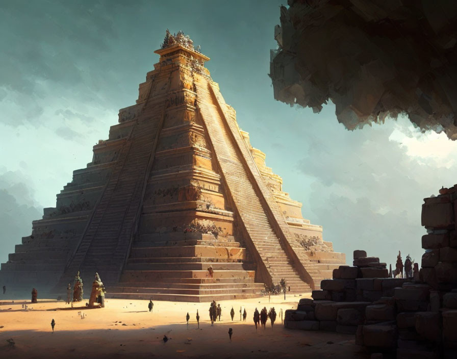 Sunlit Pyramid with Ascending Staircases in Sandy Terrain