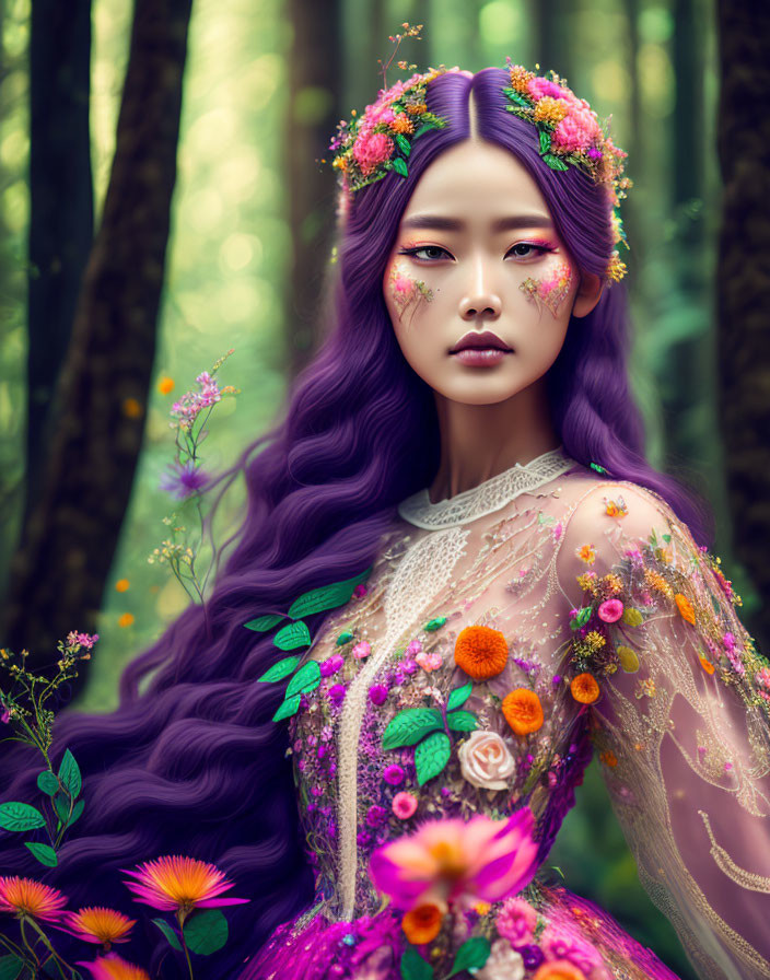 Woman with Purple Hair and Floral Dress in Mystical Forest