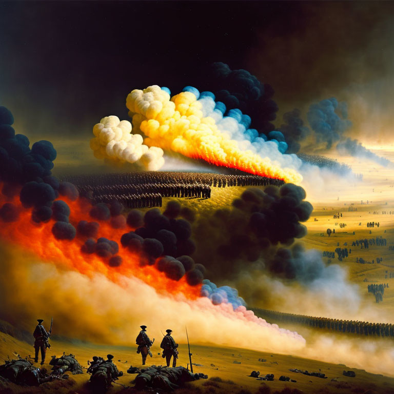 Dramatic painting of phalanx engulfed in flames and smoke