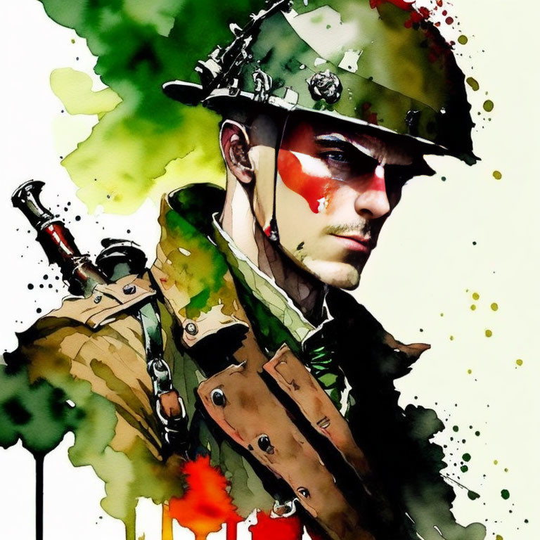 Soldier illustration with green helmet and camouflage, red & green watercolor splashes