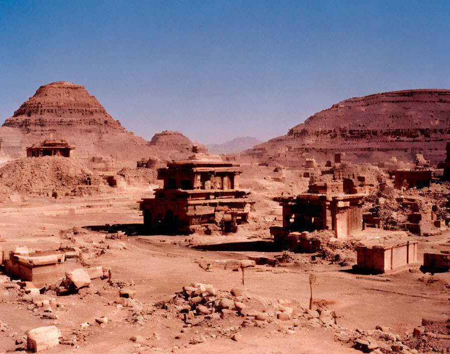 Ancient ruins and rock-cut structures in arid desert landscape