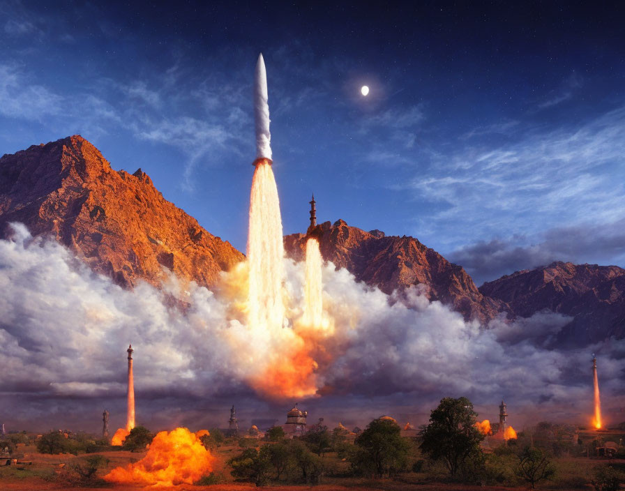 Rocket Launches in Fiery Blaze Against Twilight Sky