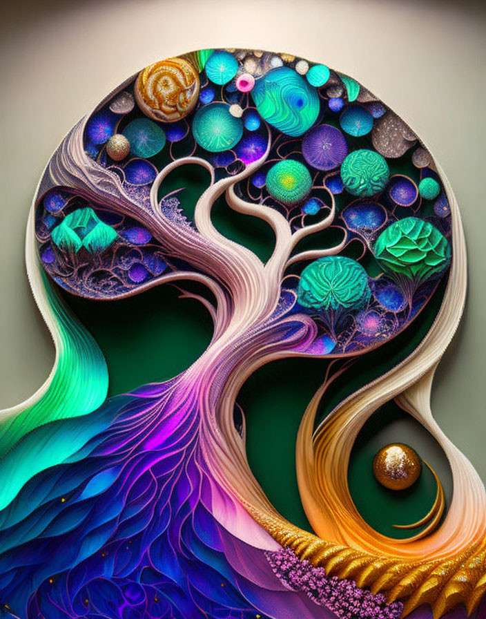 Colorful Tree-Like Digital Artwork with Swirling Patterns