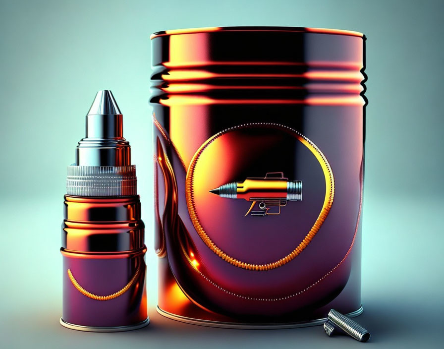 Detailed 3D render of large purple oil can and bullet design next to smaller container with nozzle and