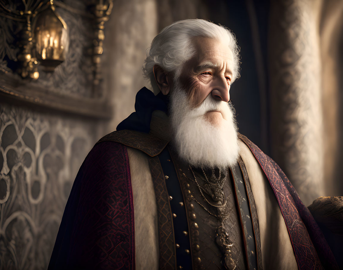 Elderly man in regal attire with white beard in ornate room