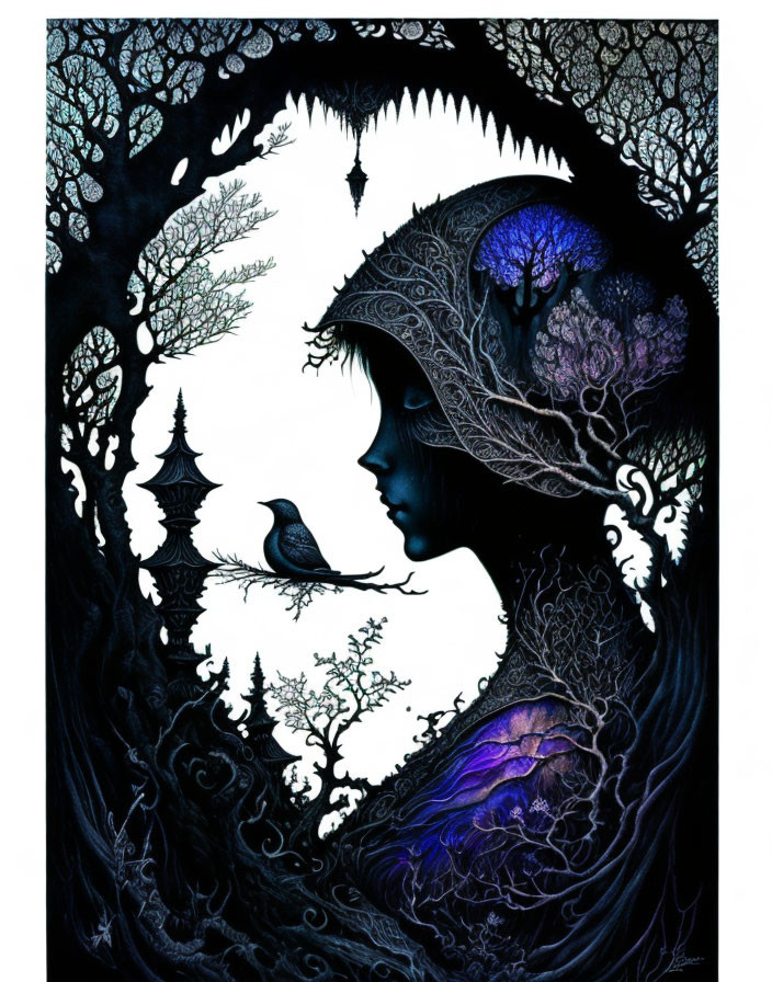 Stylized profile illustration of woman in night scene with trees, bird, and temple