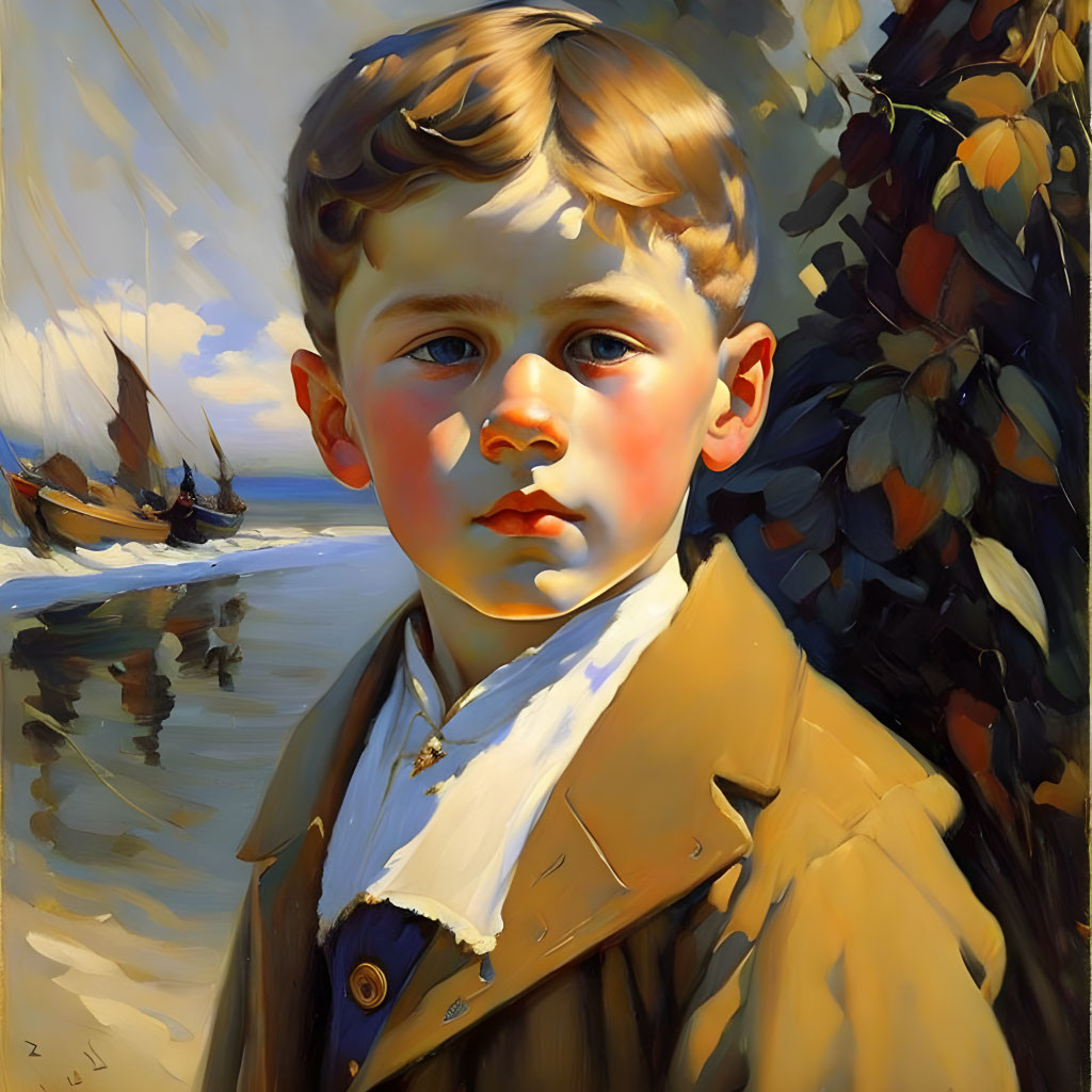 Vintage painting of young boy with blond hair by the sea