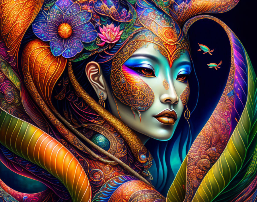 Colorful artwork of woman with blue skin and floral patterns.