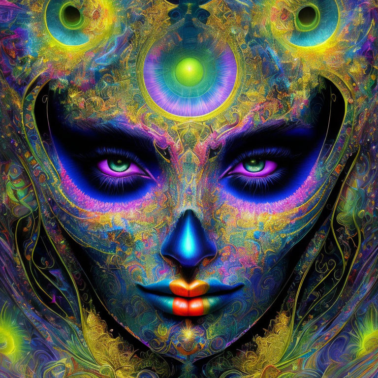 Symmetrical alien face with purple eyes and colorful patterns