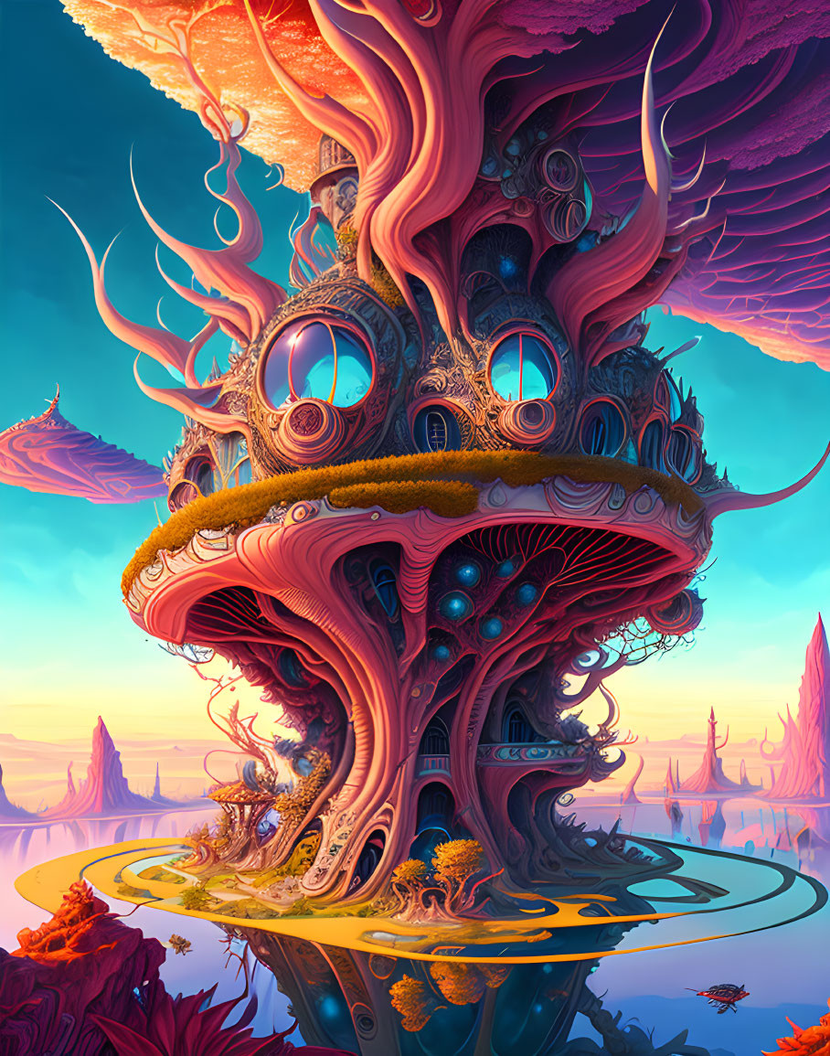 Surreal landscape with colossal organic tower and floating islands