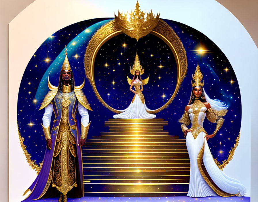 Regal figures in opulent attire against cosmic backdrop